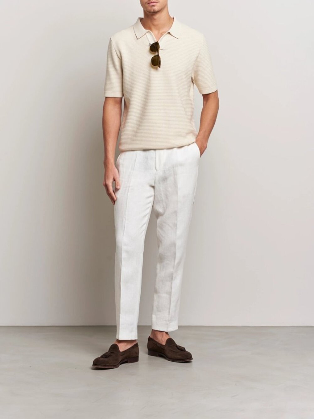SUNSPEL Ecru Ivory 100% Cotton Pointelle Knit Short Sleeve Polo, Size L